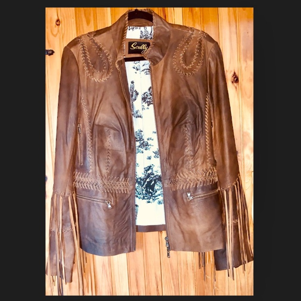 Scully Embroidered & fringed leather jacket L